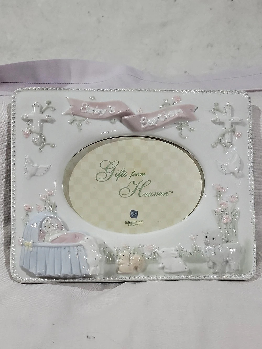 Russ Gifts from Heaven Baby's Blessing Baby Picture Frame White & Pink 3D NWOT